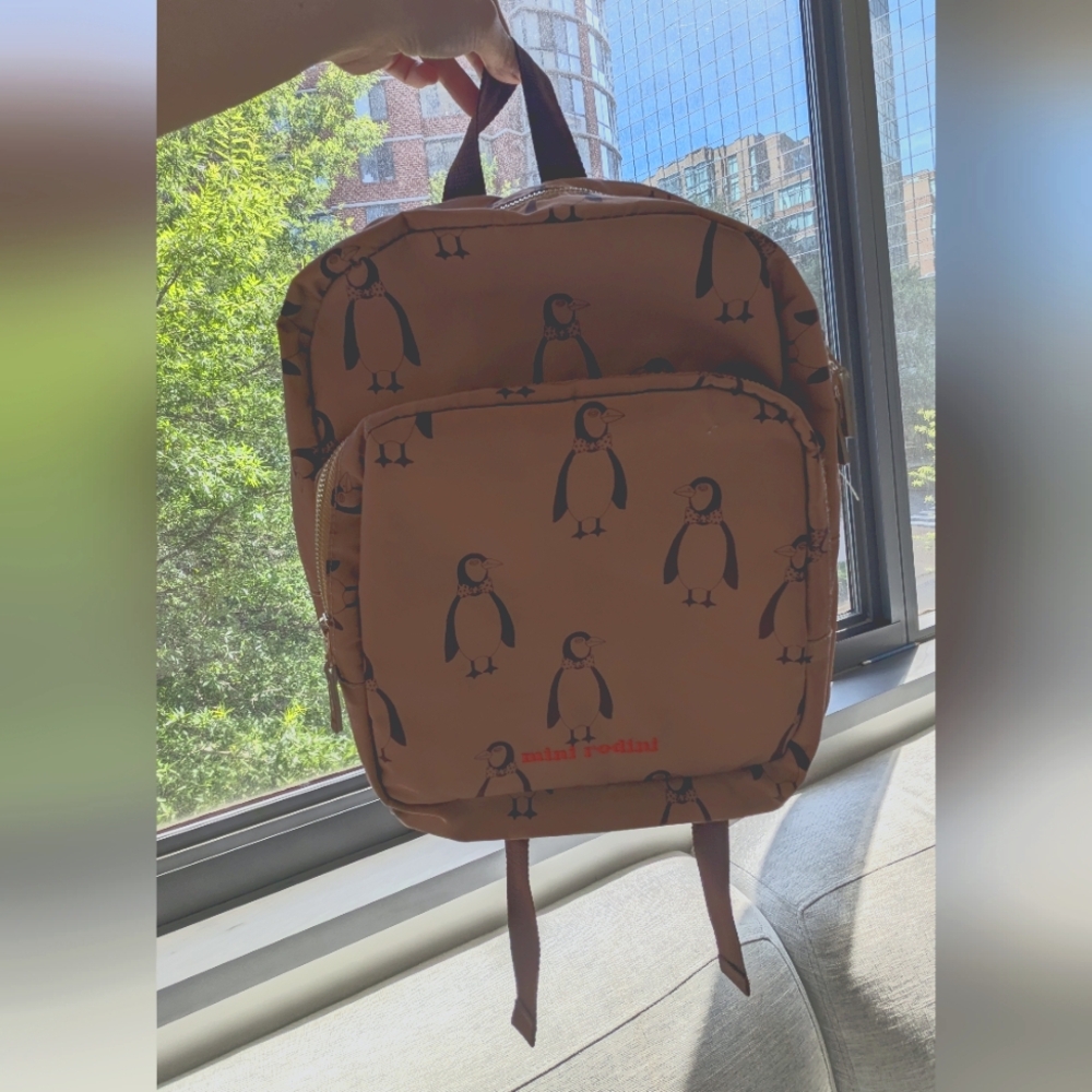 Mini Rodini Brown Penguin Backpack 🤎 Fits School Folders